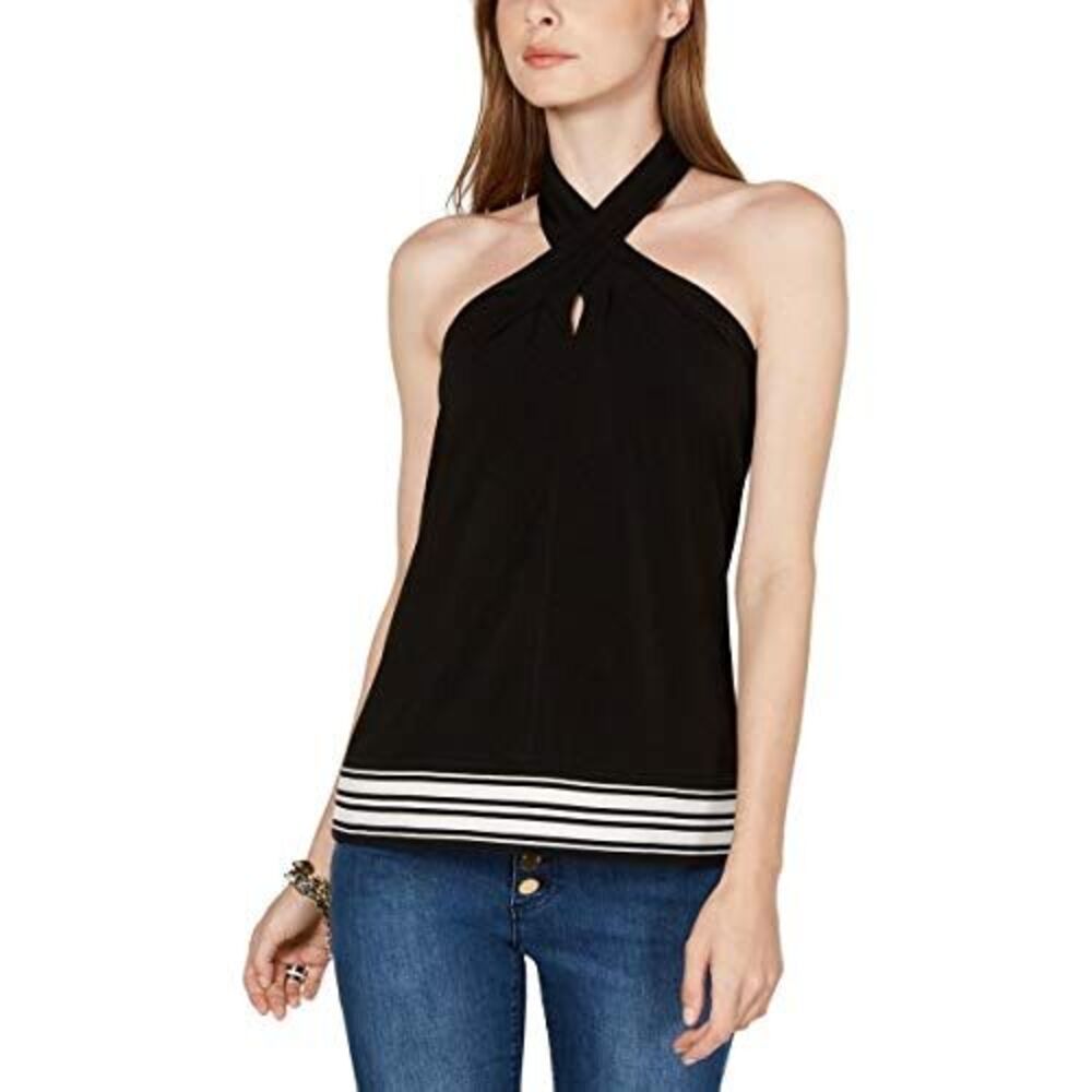 Michael Michael Kors Women's Stripe Border Hem Halter Knit Top, Black (Large)